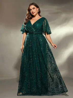 Dark Green V Neck Lace Plus Size Party Dress