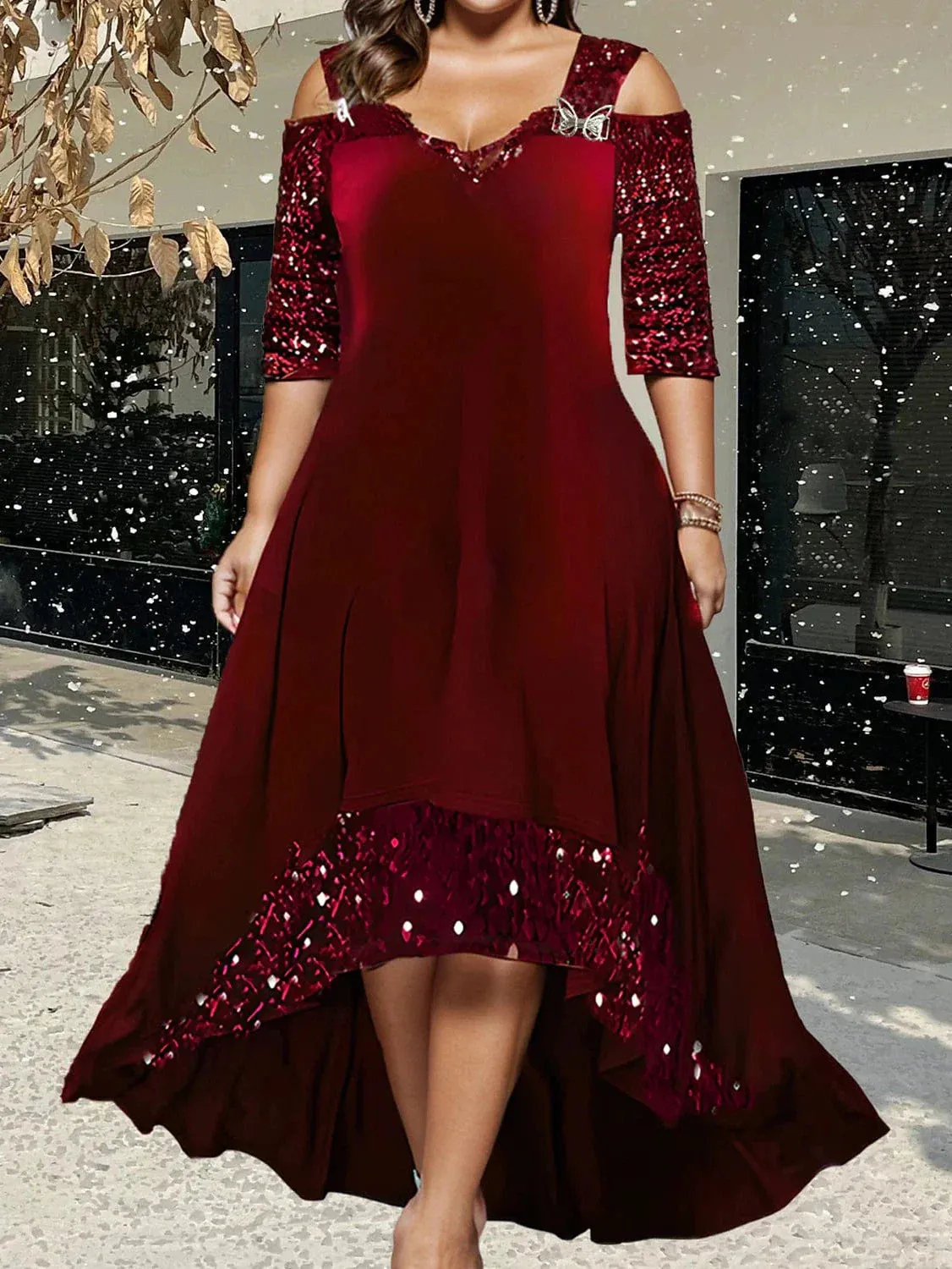 Dazzling Wine Red Velvet Sequin Maxi Dress for Plus Size Women