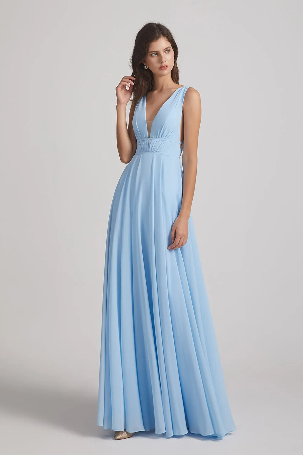 Deep V-Neck Chiffon Sleeveless Sky Blue Bridesmaids Dresses (AF0091)