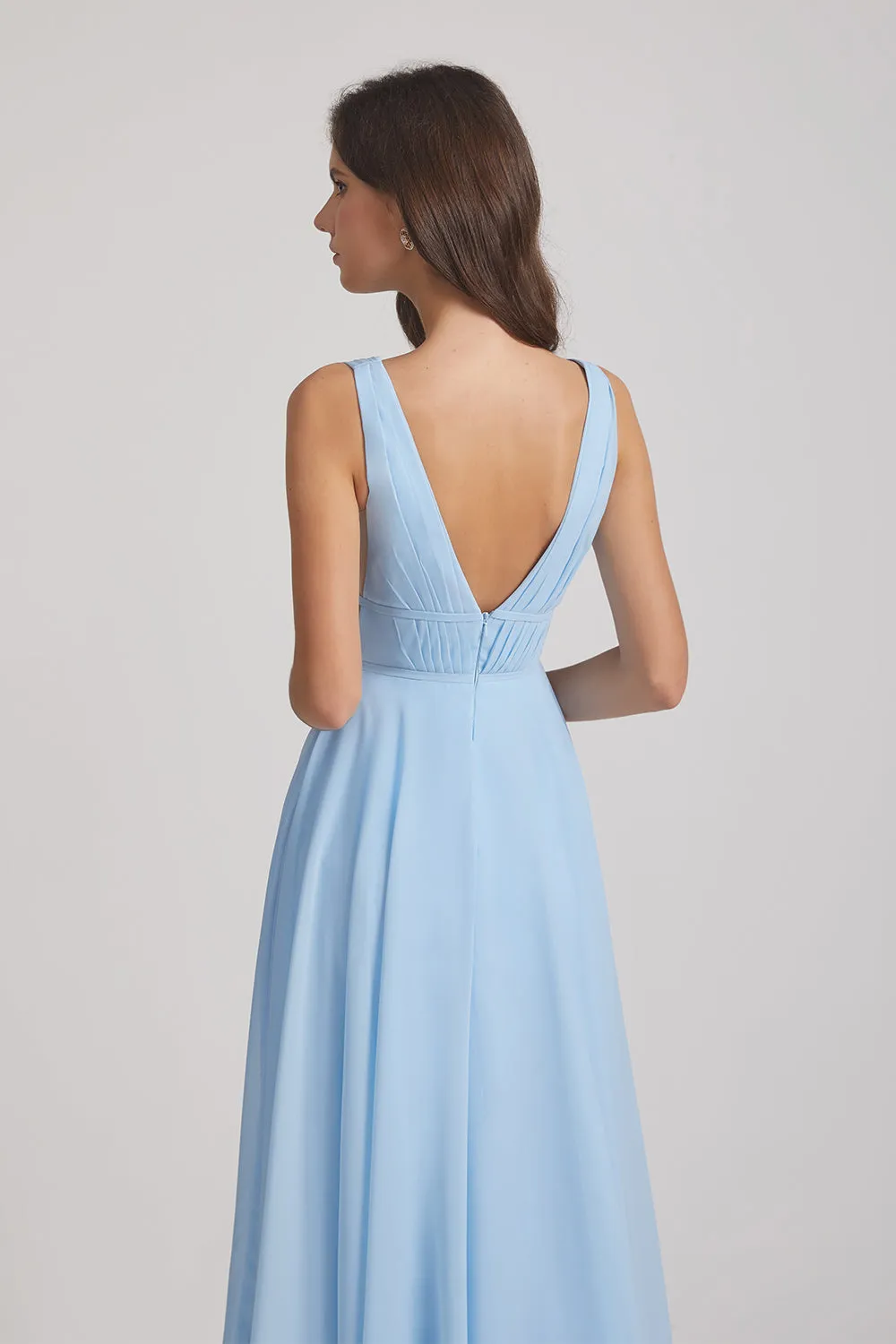 Deep V-Neck Chiffon Sleeveless Sky Blue Bridesmaids Dresses (AF0091)