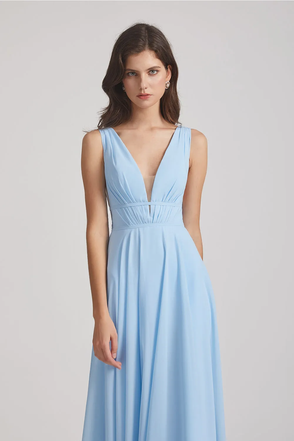 Deep V-Neck Chiffon Sleeveless Sky Blue Bridesmaids Dresses (AF0091)