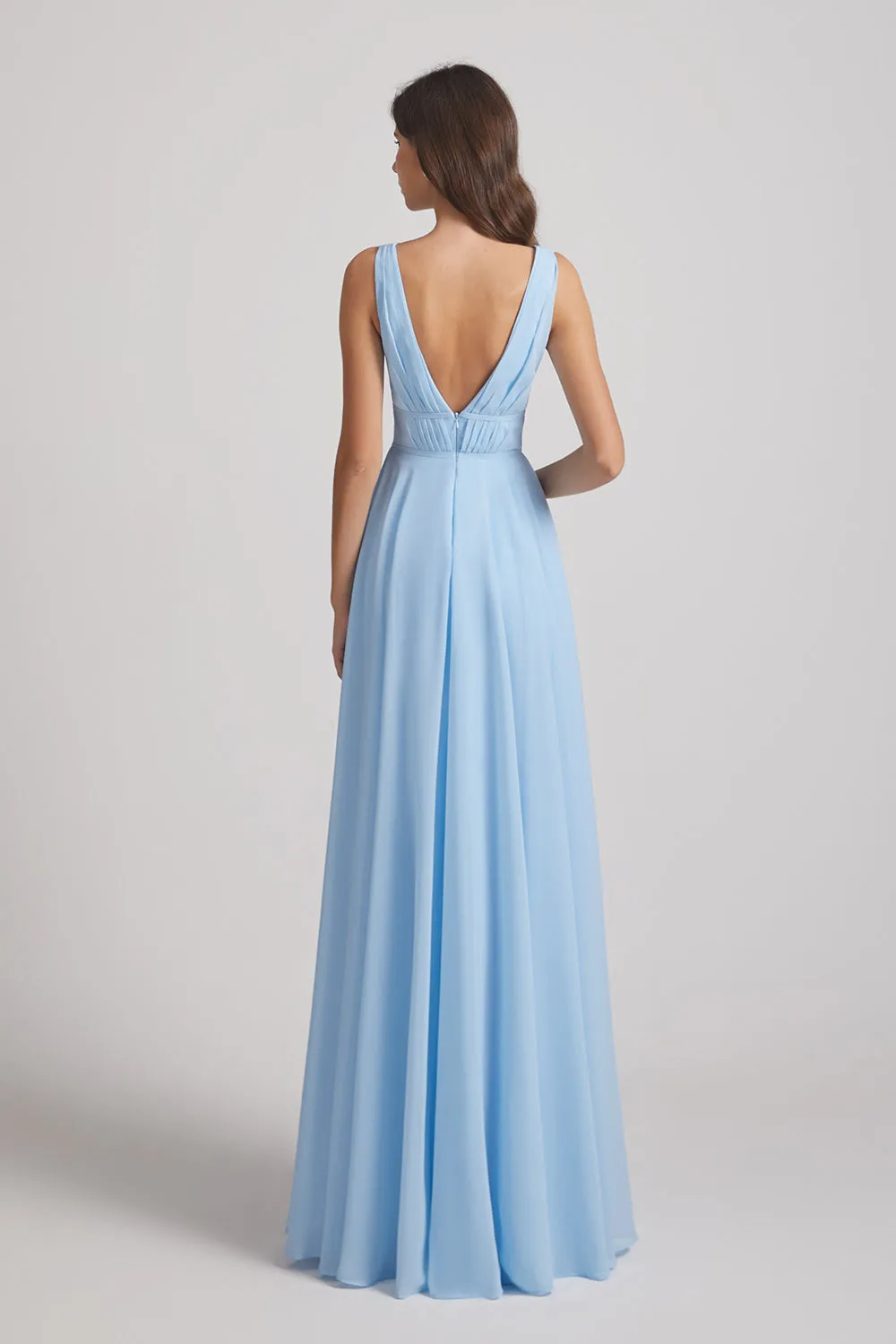 Deep V-Neck Chiffon Sleeveless Sky Blue Bridesmaids Dresses (AF0091)