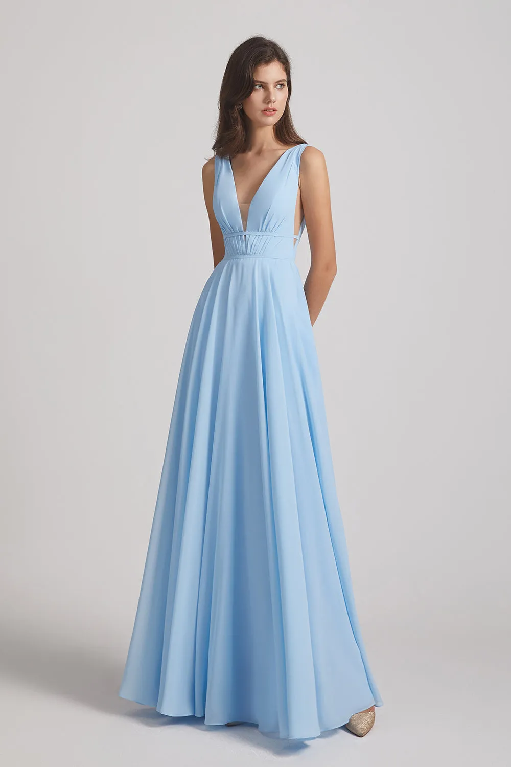 Deep V-Neck Chiffon Sleeveless Sky Blue Bridesmaids Dresses (AF0091)