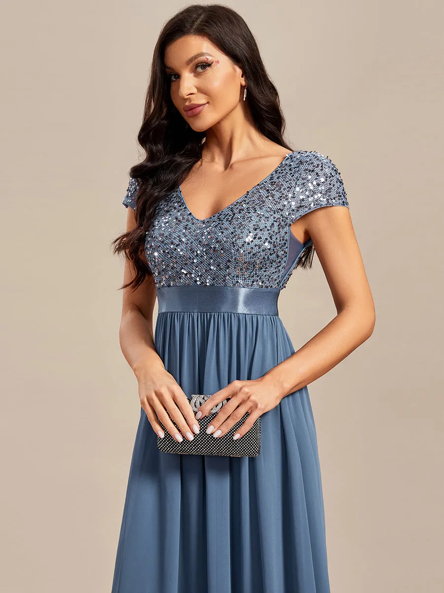 Deep V Neck Pencil Wholesale Evening Dresses with Short Sleeves