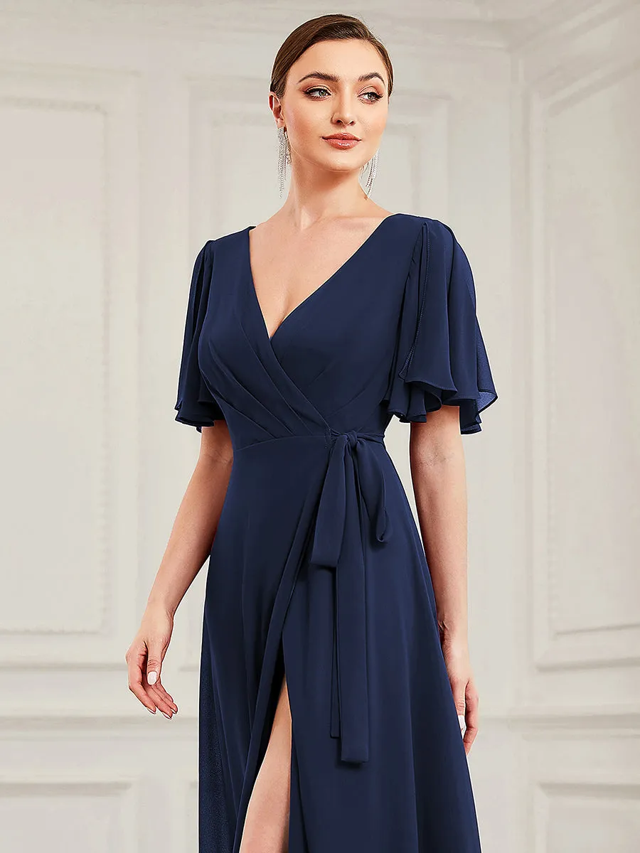 Deep V Neck Ruffles Sleeves A Line Split Wholesale Evening Dresses