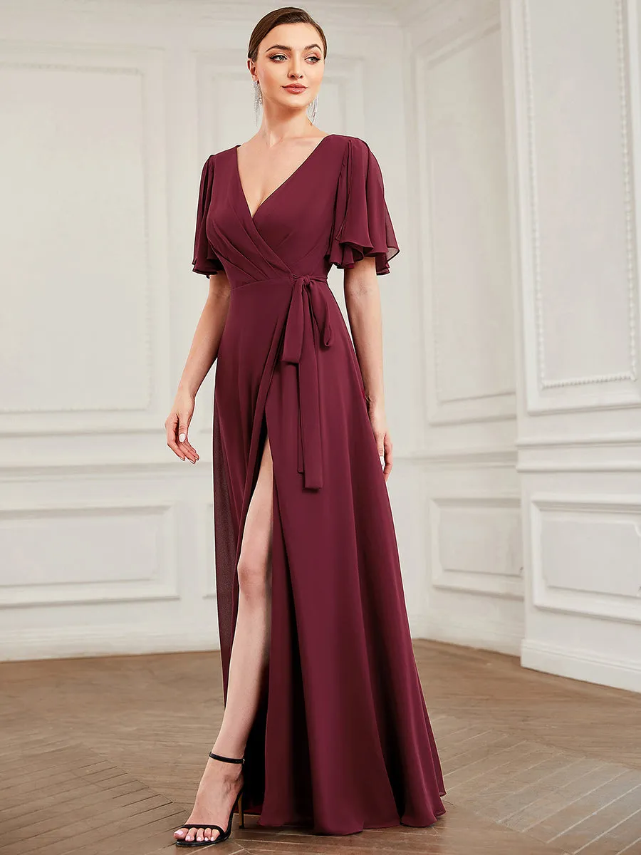 Deep V Neck Ruffles Sleeves A Line Split Wholesale Evening Dresses