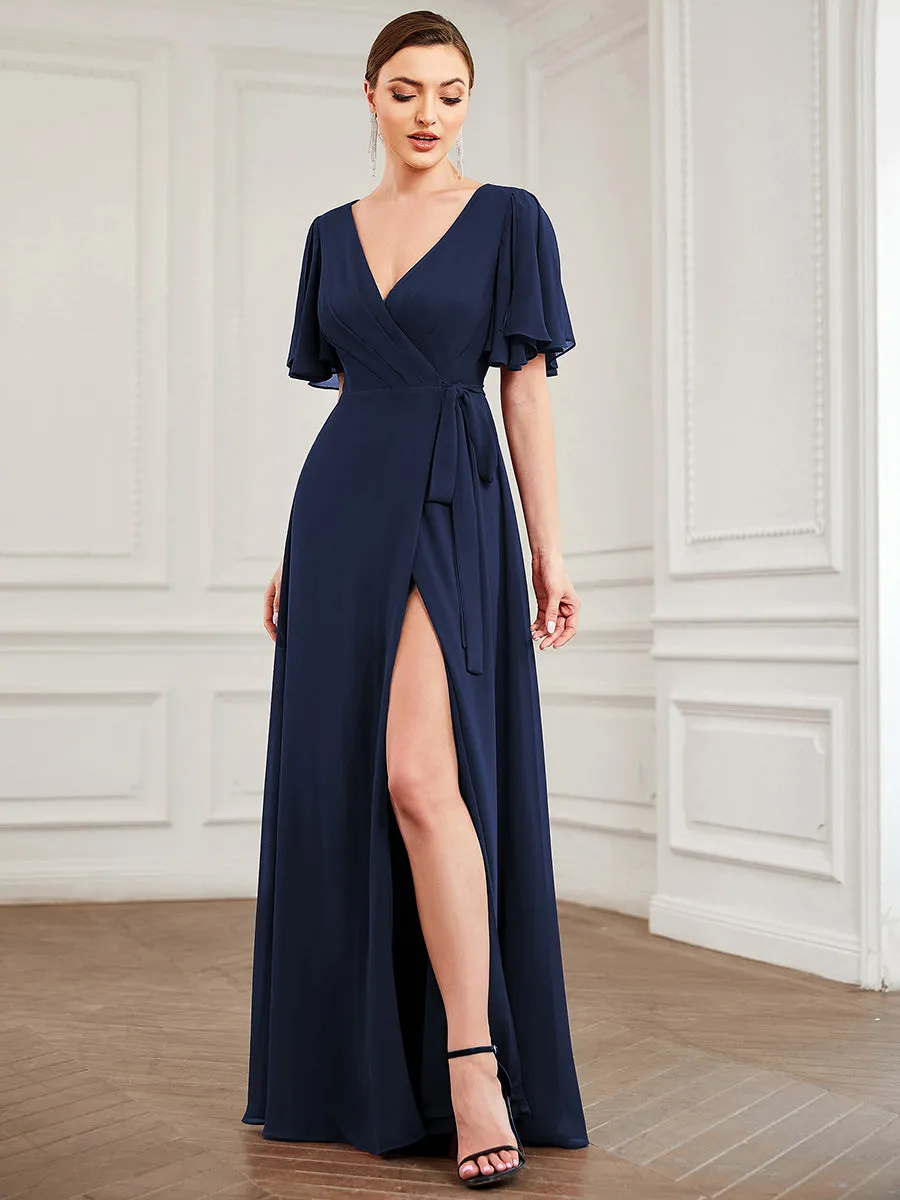 Deep V Neck Ruffles Sleeves A Line Split Wholesale Evening Dresses