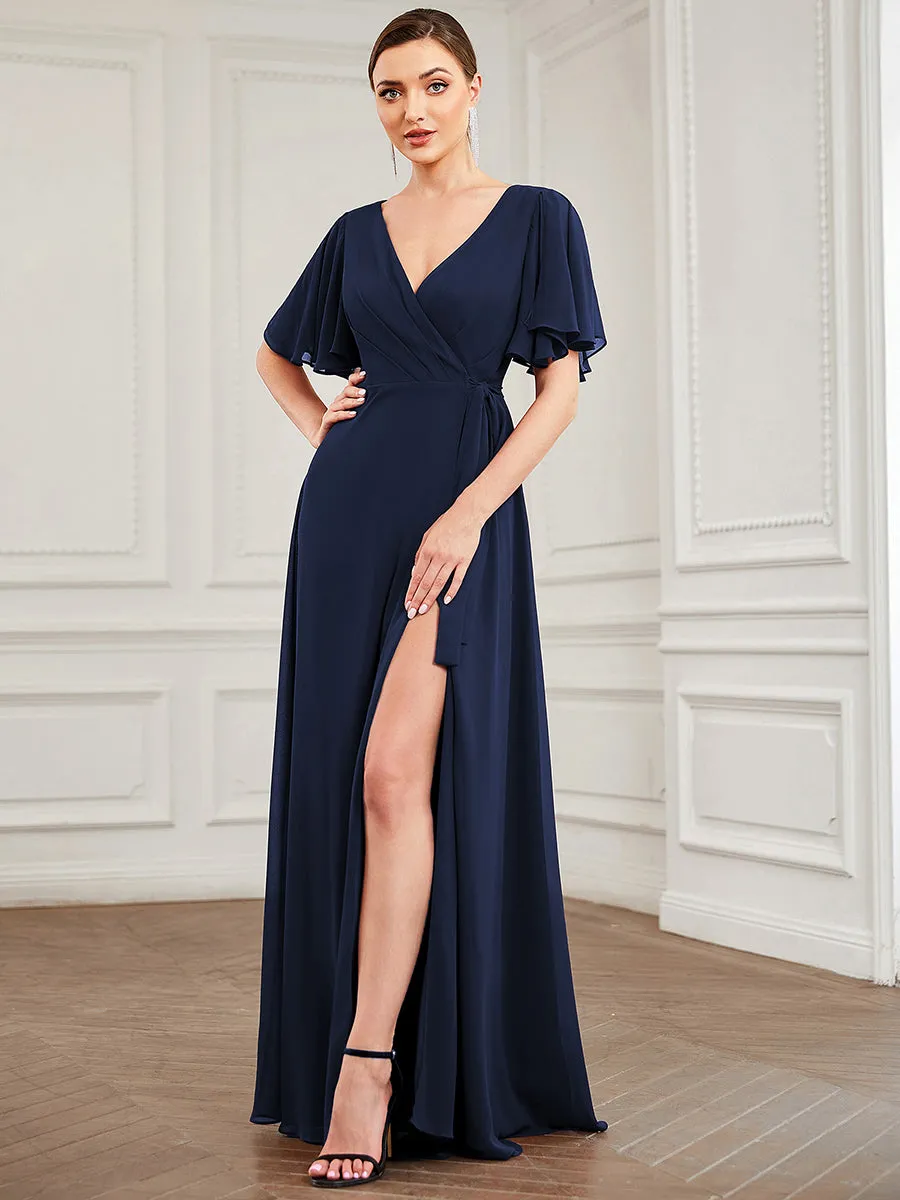 Deep V Neck Ruffles Sleeves A Line Split Wholesale Evening Dresses