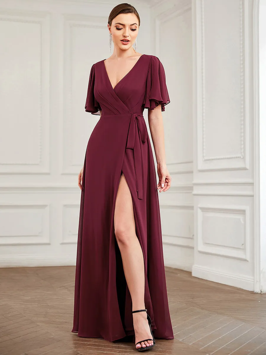 Deep V Neck Ruffles Sleeves A Line Split Wholesale Evening Dresses