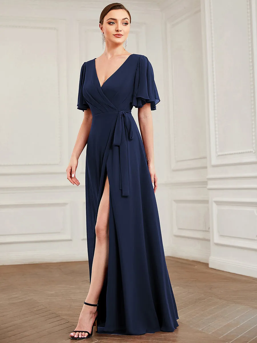 Deep V Neck Ruffles Sleeves A Line Split Wholesale Evening Dresses