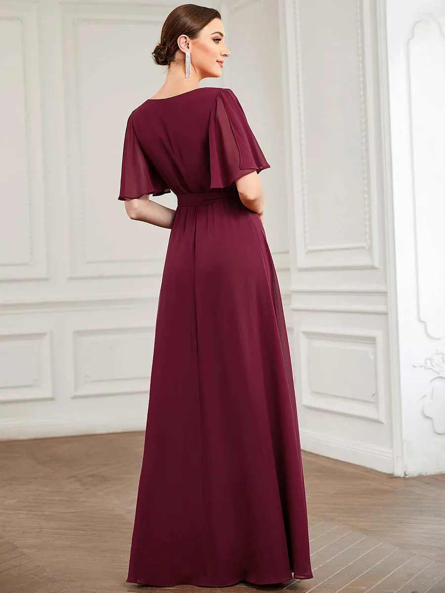 Deep V Neck Ruffles Sleeves A Line Split Wholesale Evening Dresses