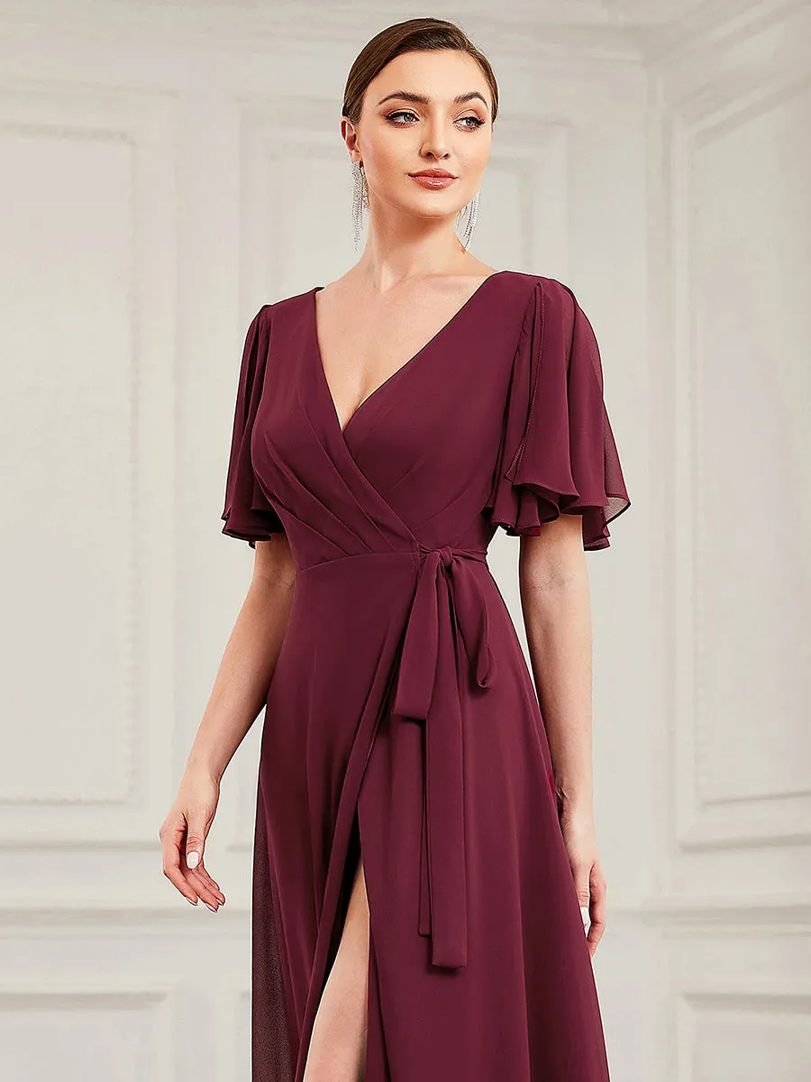 Deep V Neck Ruffles Sleeves A Line Split Wholesale Evening Dresses