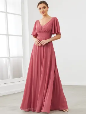 Deep V Neck Short Ruffles Sleeves A Line Wholesale Bridesmaid Dresses