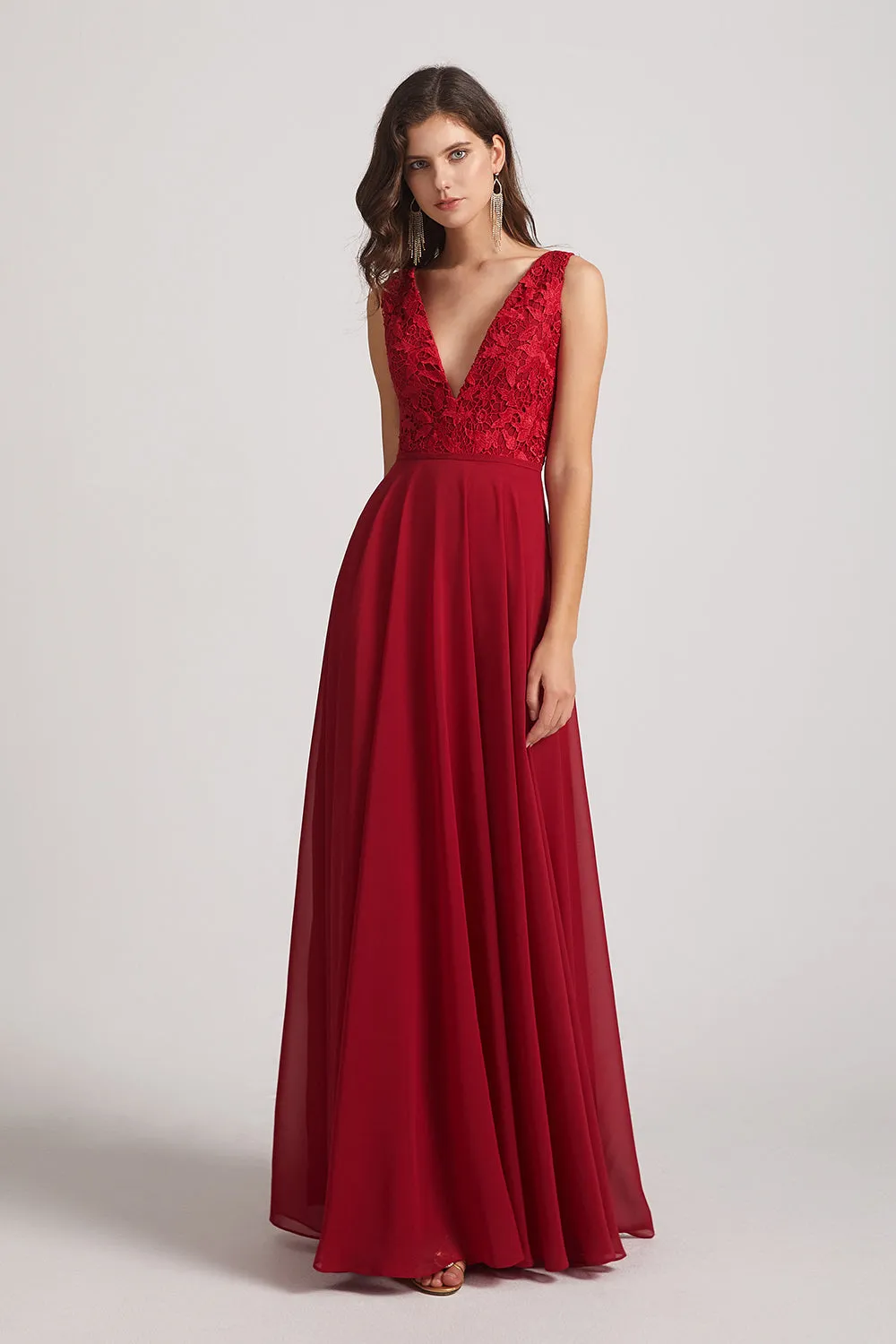 Double V-Neck Straps Lace Top Long Sexy Bridesmaid Dresses (AF0134)