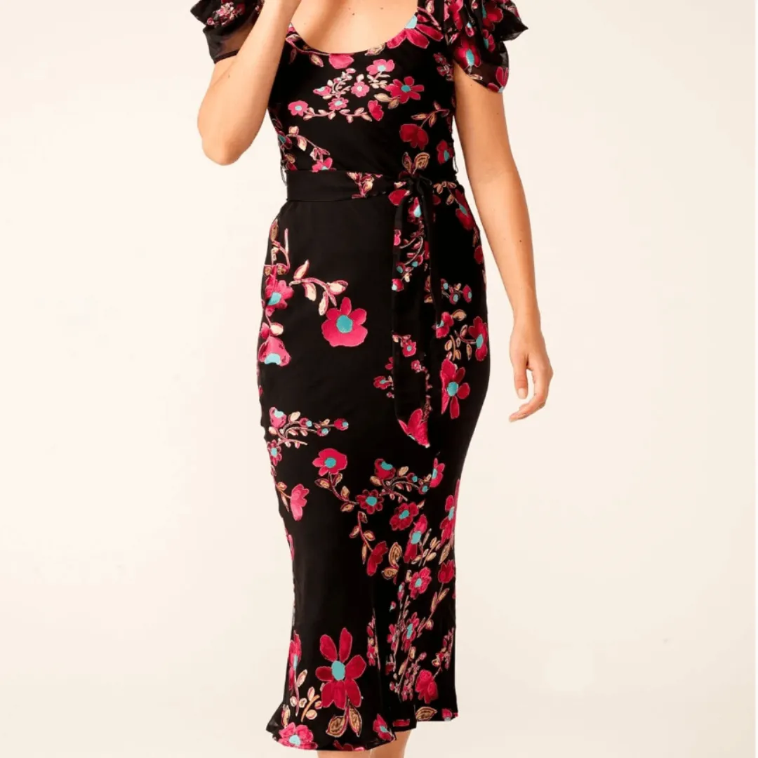 Duchess Bias Cut Dress Midi - Black Fuchsia