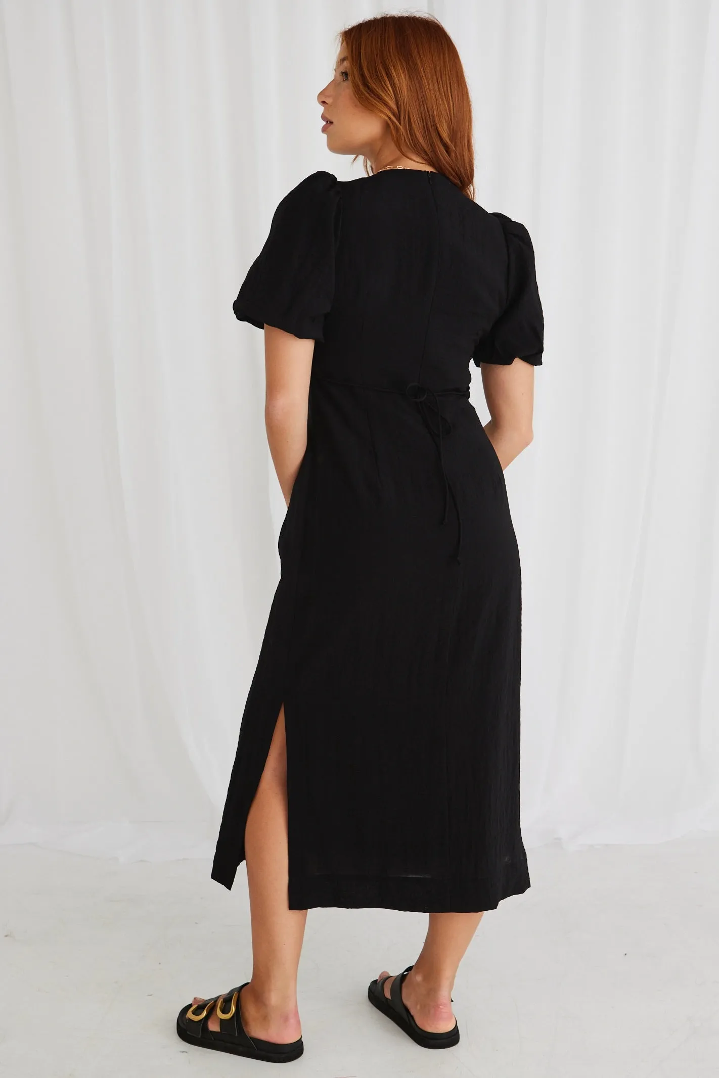 Elder Black Puff Sleeve Tie Midi Dress