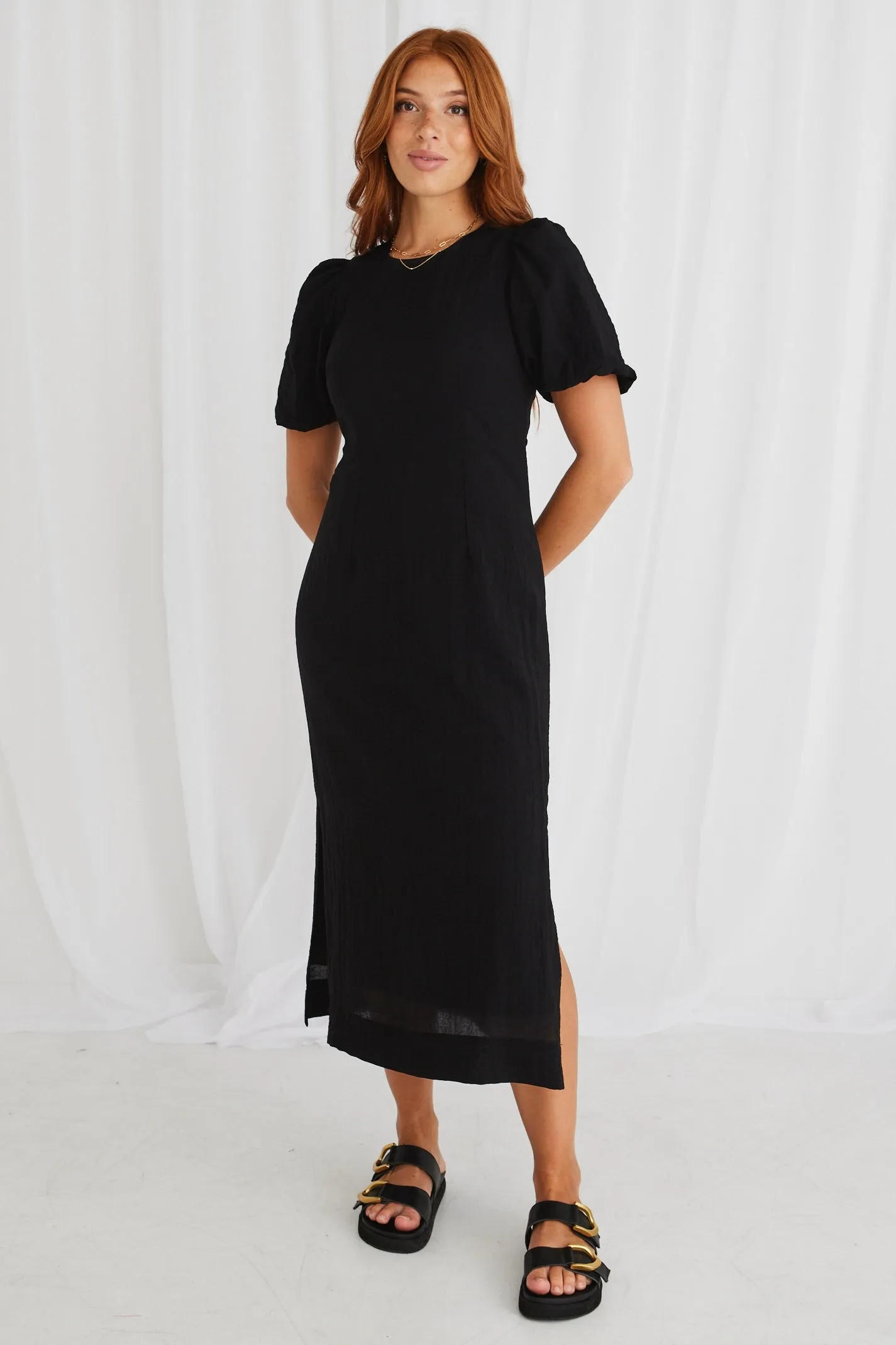 Elder Black Puff Sleeve Tie Midi Dress