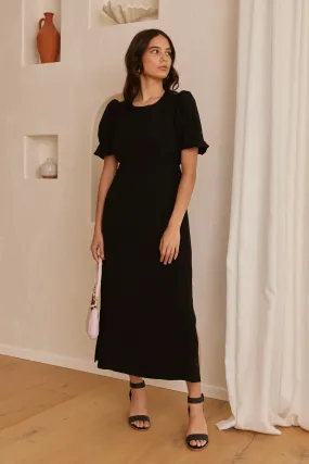 Elder Black Puff Sleeve Tie Midi Dress