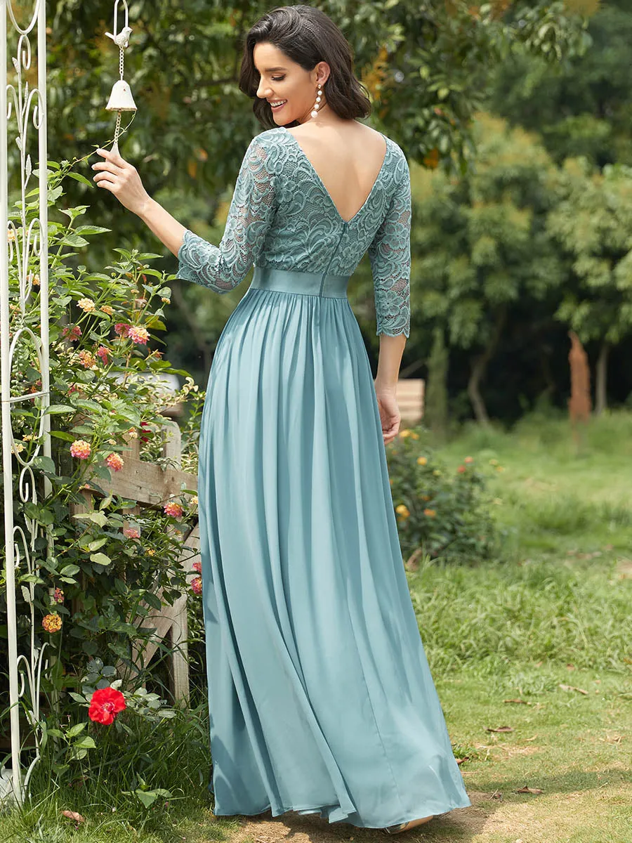 Elegant Empire  Waist Wholesale Bridesmaid Dresses with Long Lace Sleeve