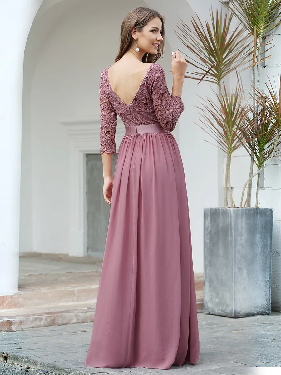 Elegant Empire  Waist Wholesale Bridesmaid Dresses with Long Lace Sleeve