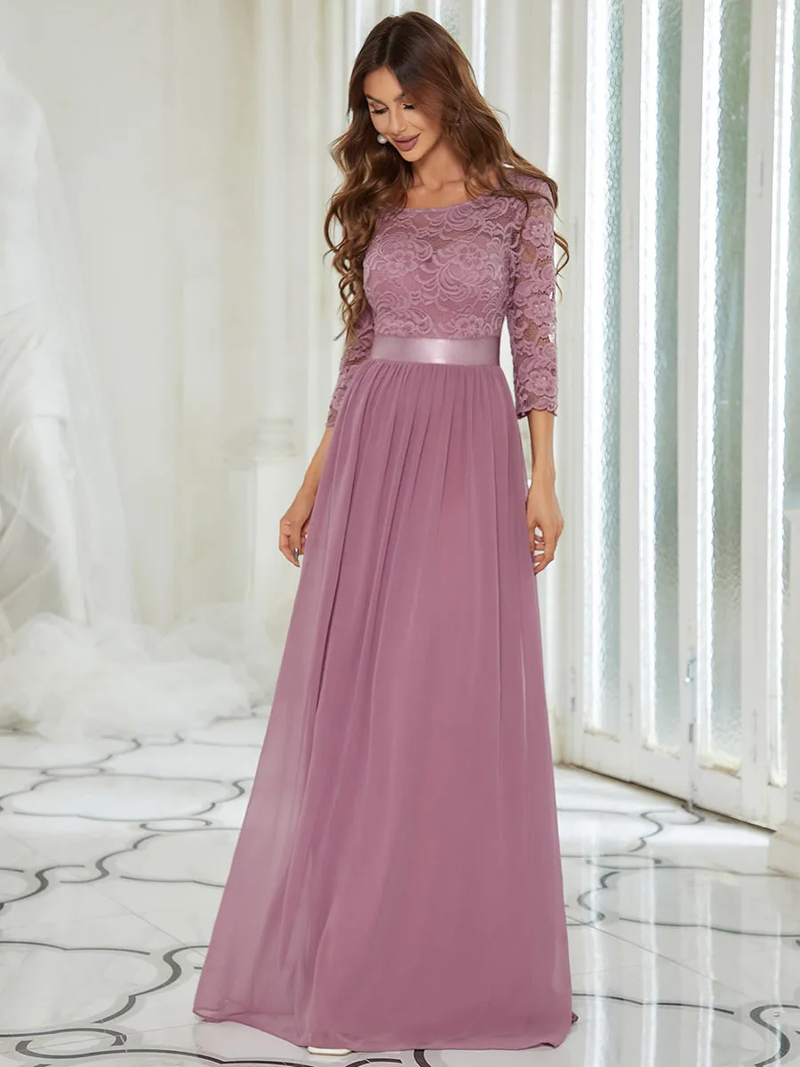 Elegant Empire  Waist Wholesale Bridesmaid Dresses with Long Lace Sleeve