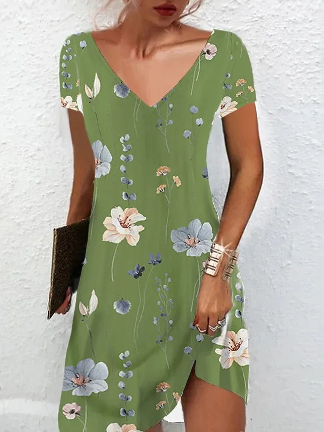 Elegant Floral V Neck Mini Dress for Women - White, Light Green, Royal Blue