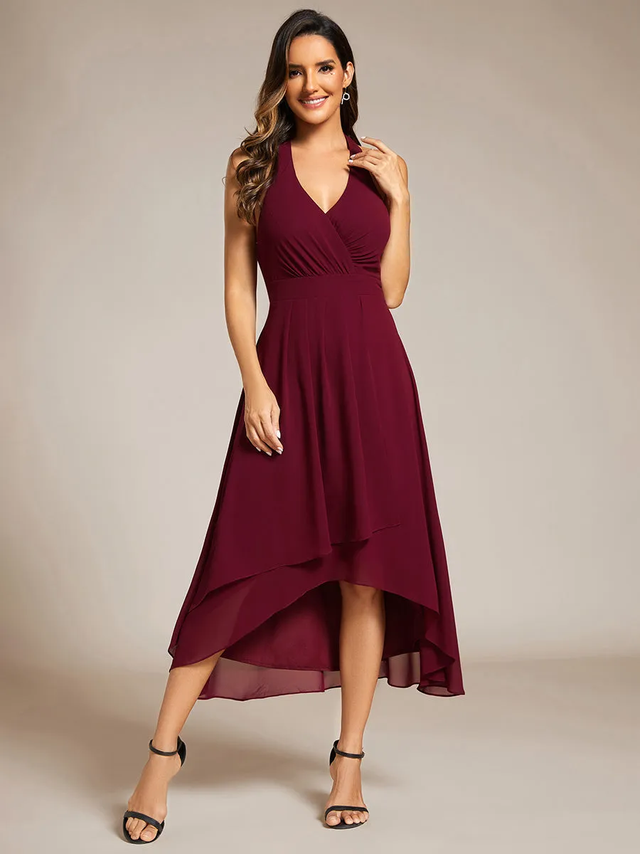 Elegant Halter Neckline Bowknot Sleeveless Chiffon Dresses with Asymmetrical Hem