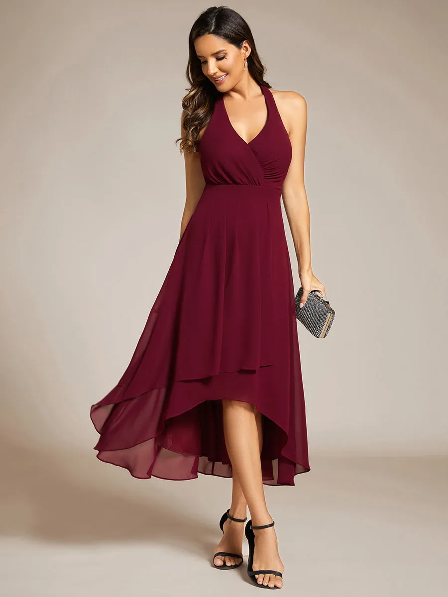 Elegant Halter Neckline Bowknot Sleeveless Chiffon Dresses with Asymmetrical Hem