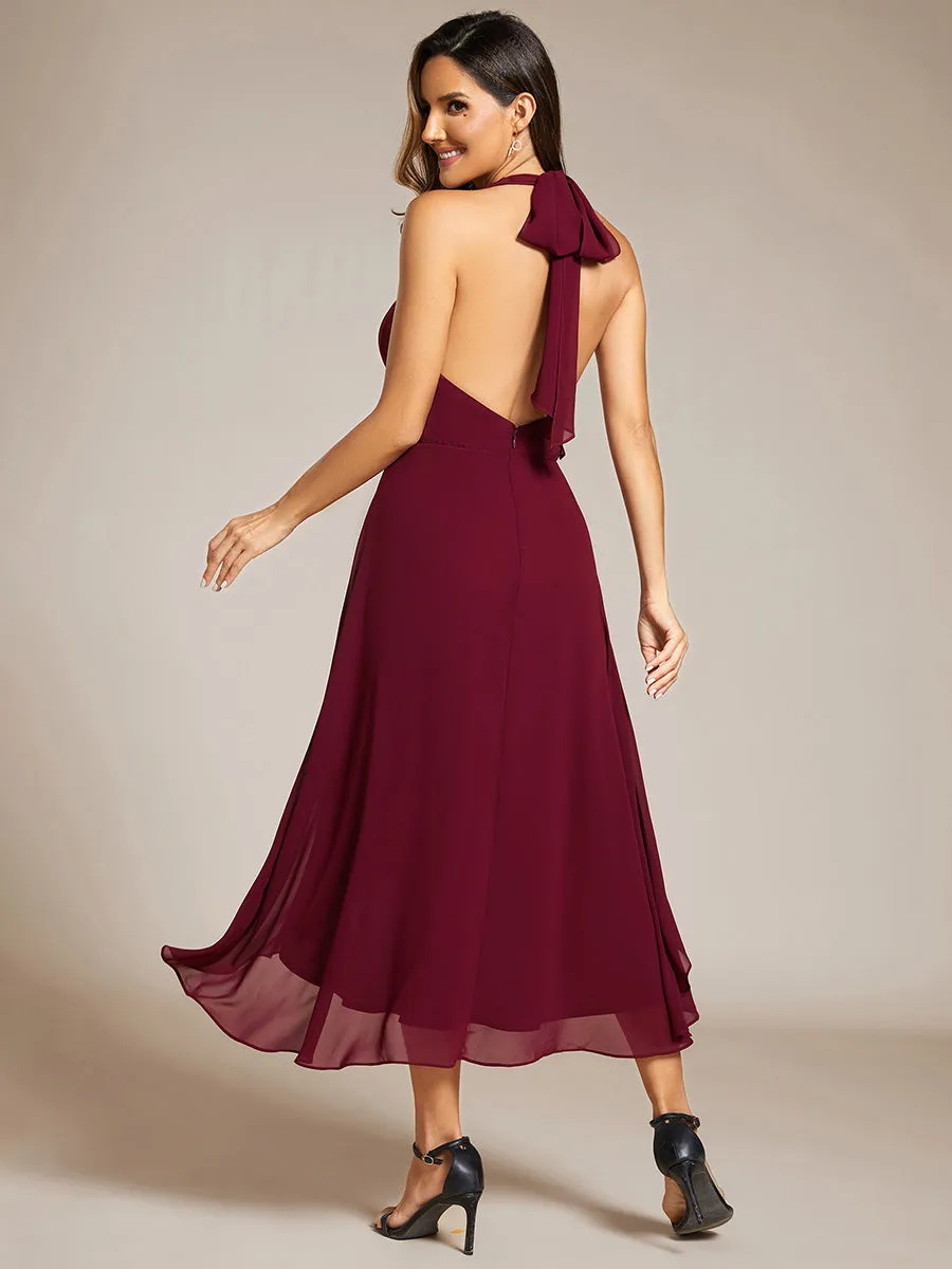 Elegant Halter Neckline Bowknot Sleeveless Chiffon Dresses with Asymmetrical Hem