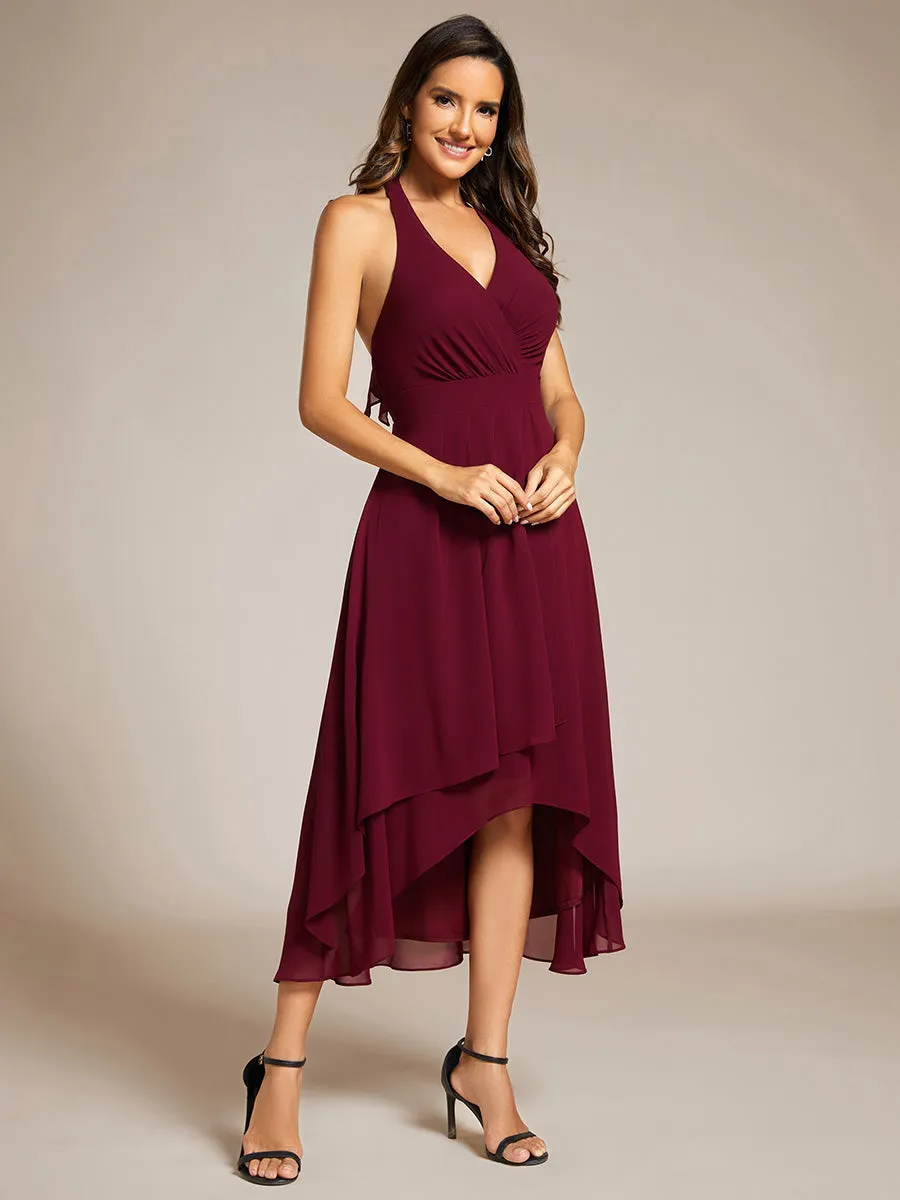 Elegant Halter Neckline Bowknot Sleeveless Chiffon Dresses with Asymmetrical Hem