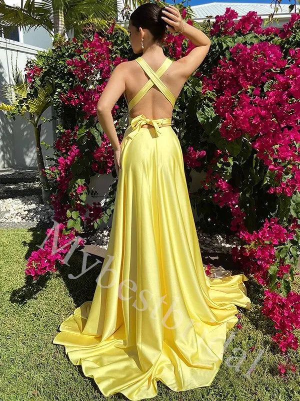 Elegant Halter Sleeveless Side slit A-line Prom Dresses,PDS0963