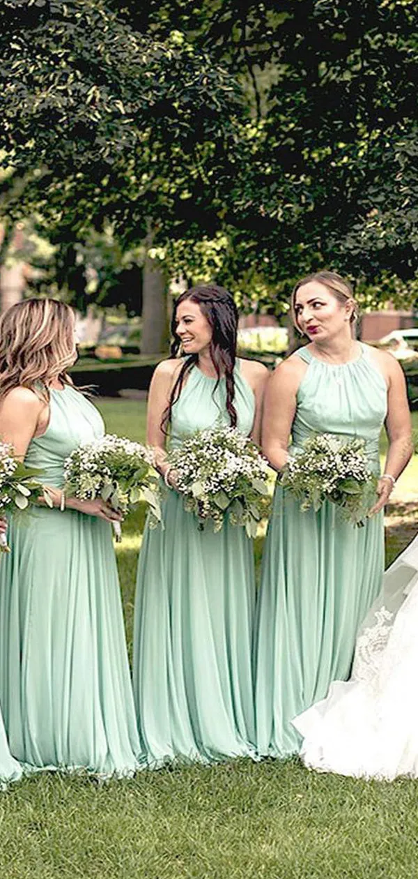 Elegant Light Green A-Line Halter Popular Cheap Maxi Long Wedding Guest Bridesmaid Dresses,WGM231