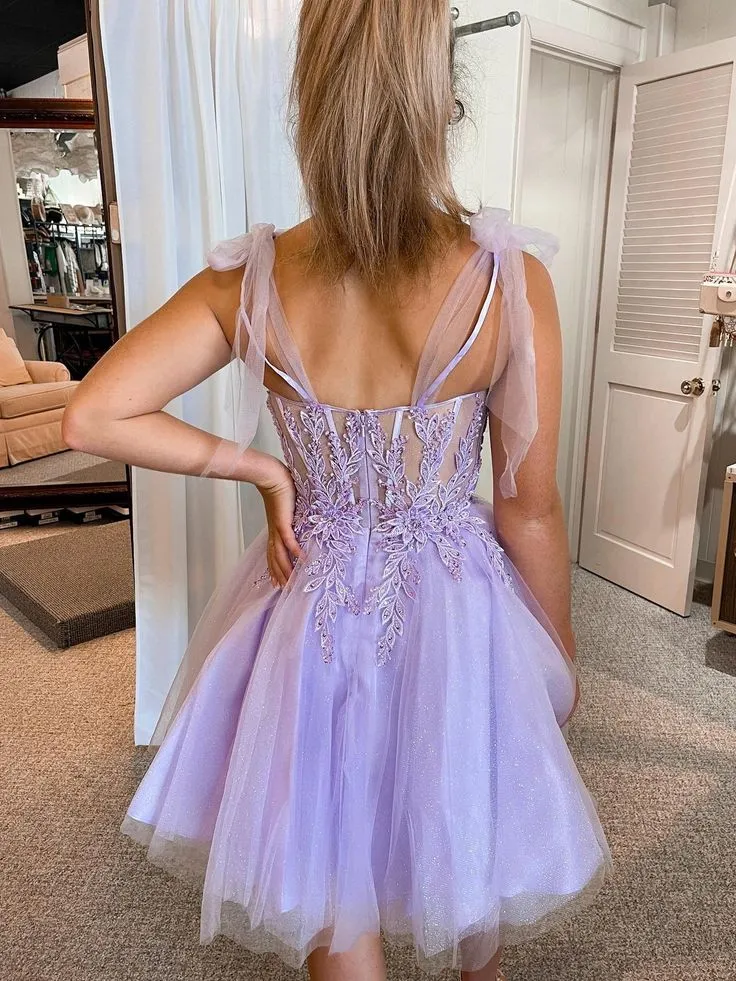 Elegant Purple Straps Sweetheart Sleeveless Applique Cheap Short Homecoming Dresses, EPT147