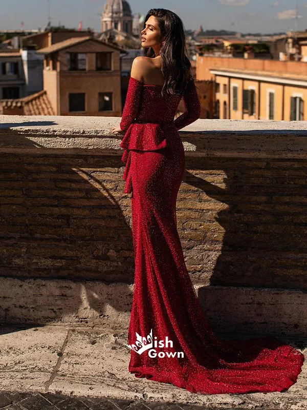 Elegant Red Long Sleeve Off Shoulder Sequins Side Split Mermaid Long Prom Dresses, WG23