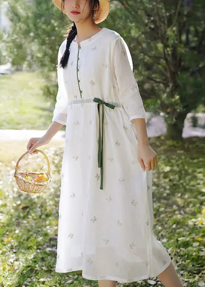 Elegant White Embroidered Button Linen Dress Spring CG1003