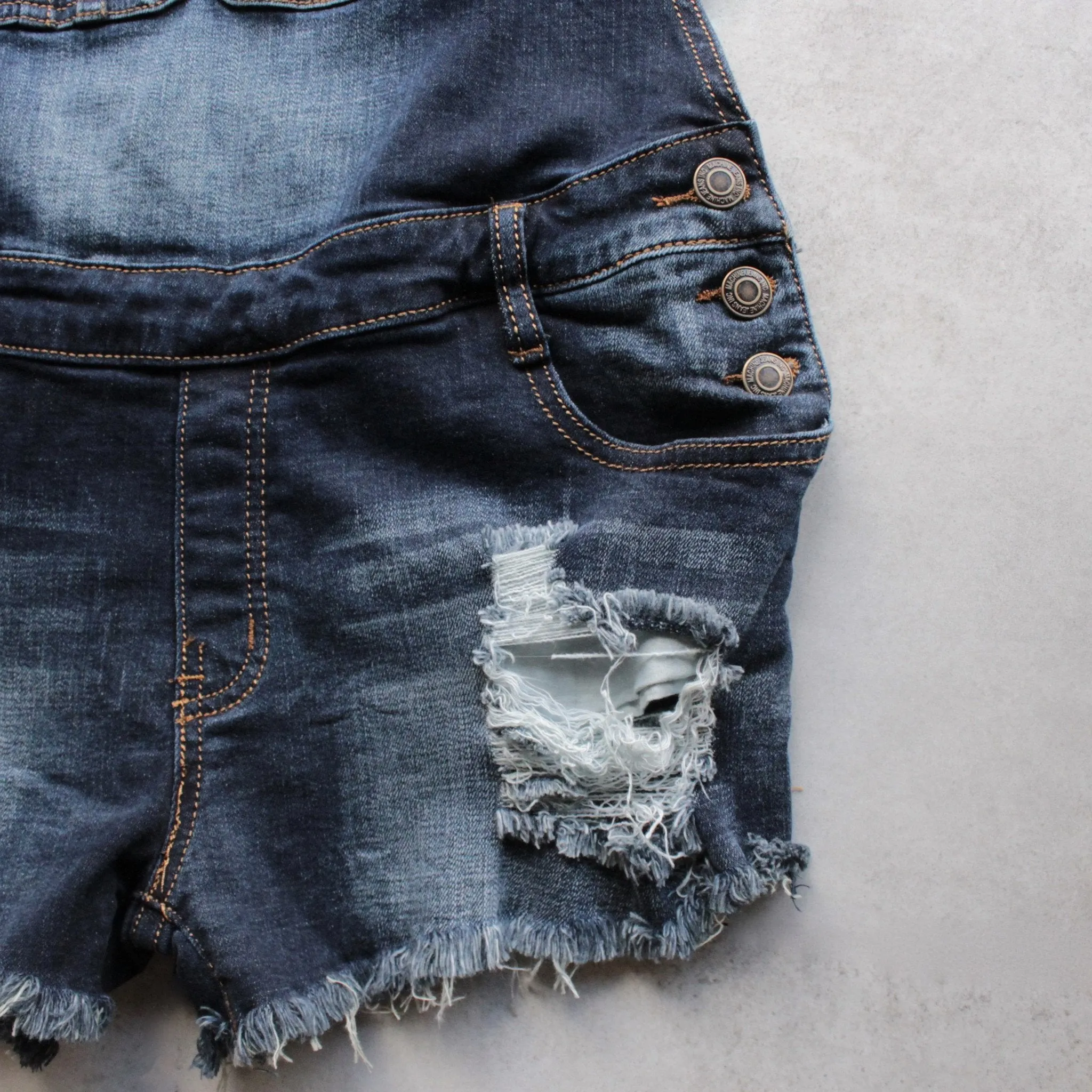 Final Sale - Distressed Denim Overall Shorts