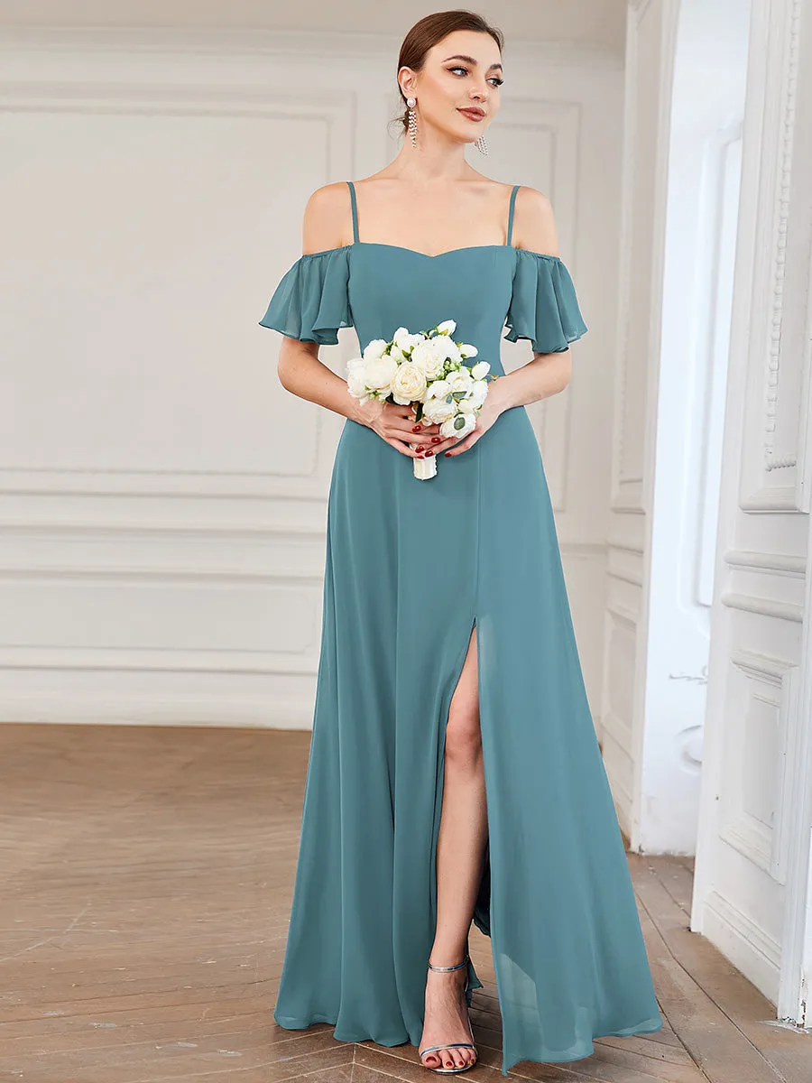 Flattering Deep V Neck Flare Sleeves Wholesale Bridesmaid Dresses