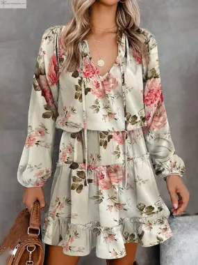 Floral Long sleeve Mini Dress Tie Neck