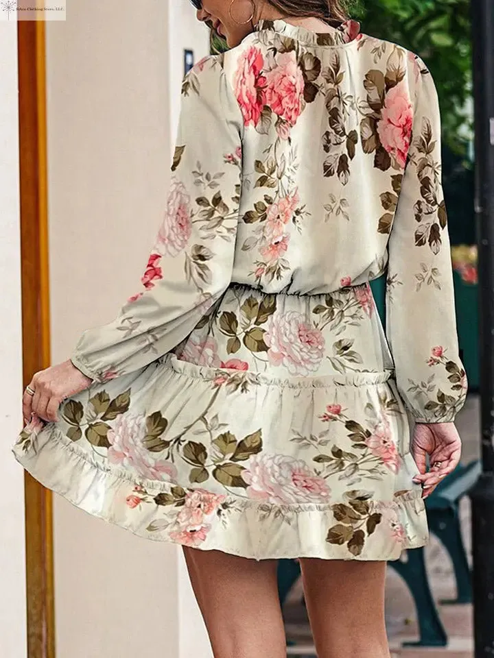 Floral Long sleeve Mini Dress Tie Neck