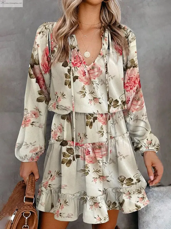 Floral Long sleeve Mini Dress Tie Neck