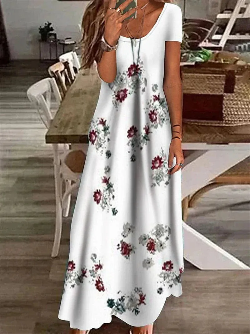 Floral Print Shift Maxi Dress with Short Sleeves for Women