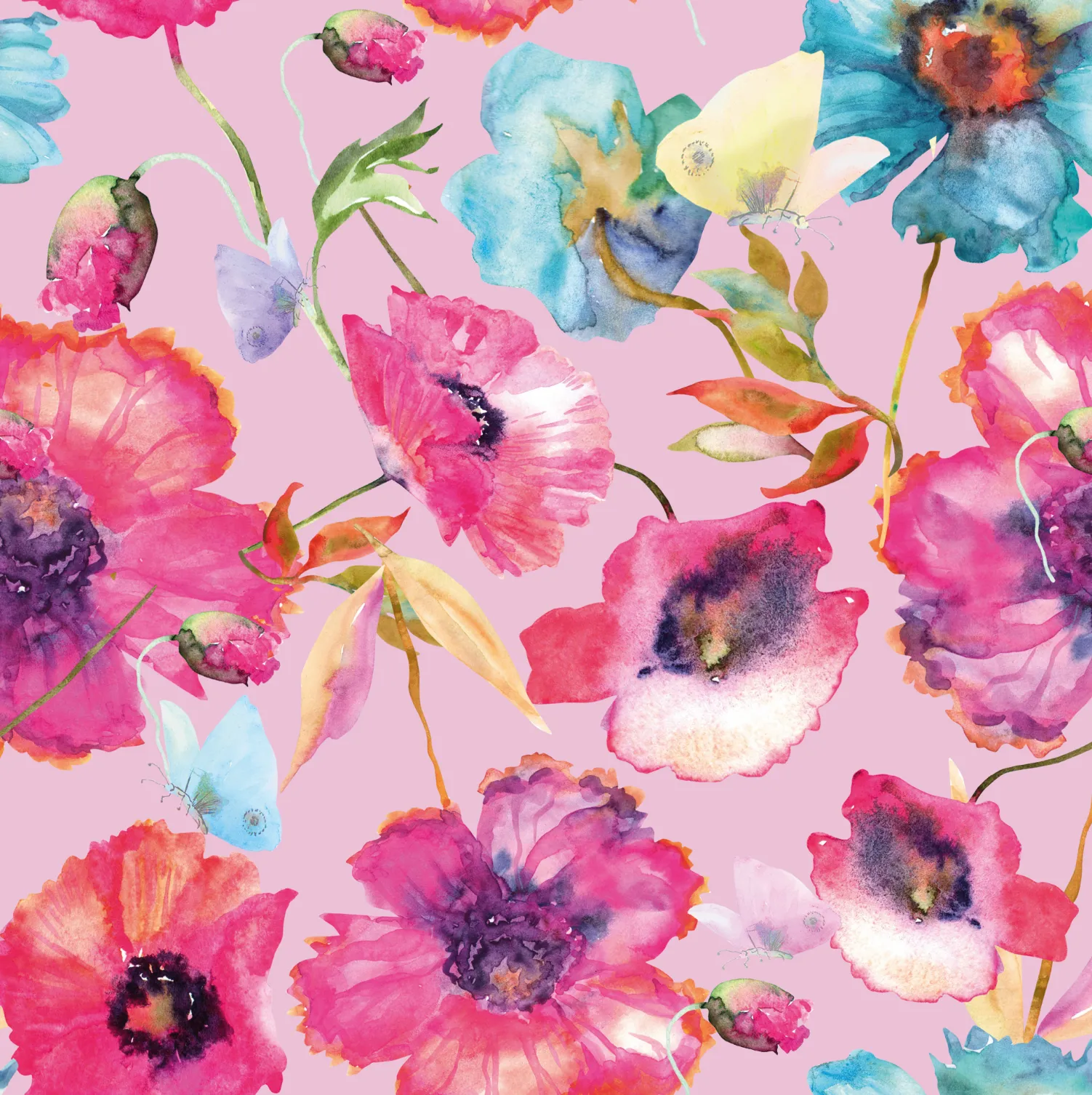 FS1009 Butterfly Poppies Scuba Stretch Knit Fabric Pink