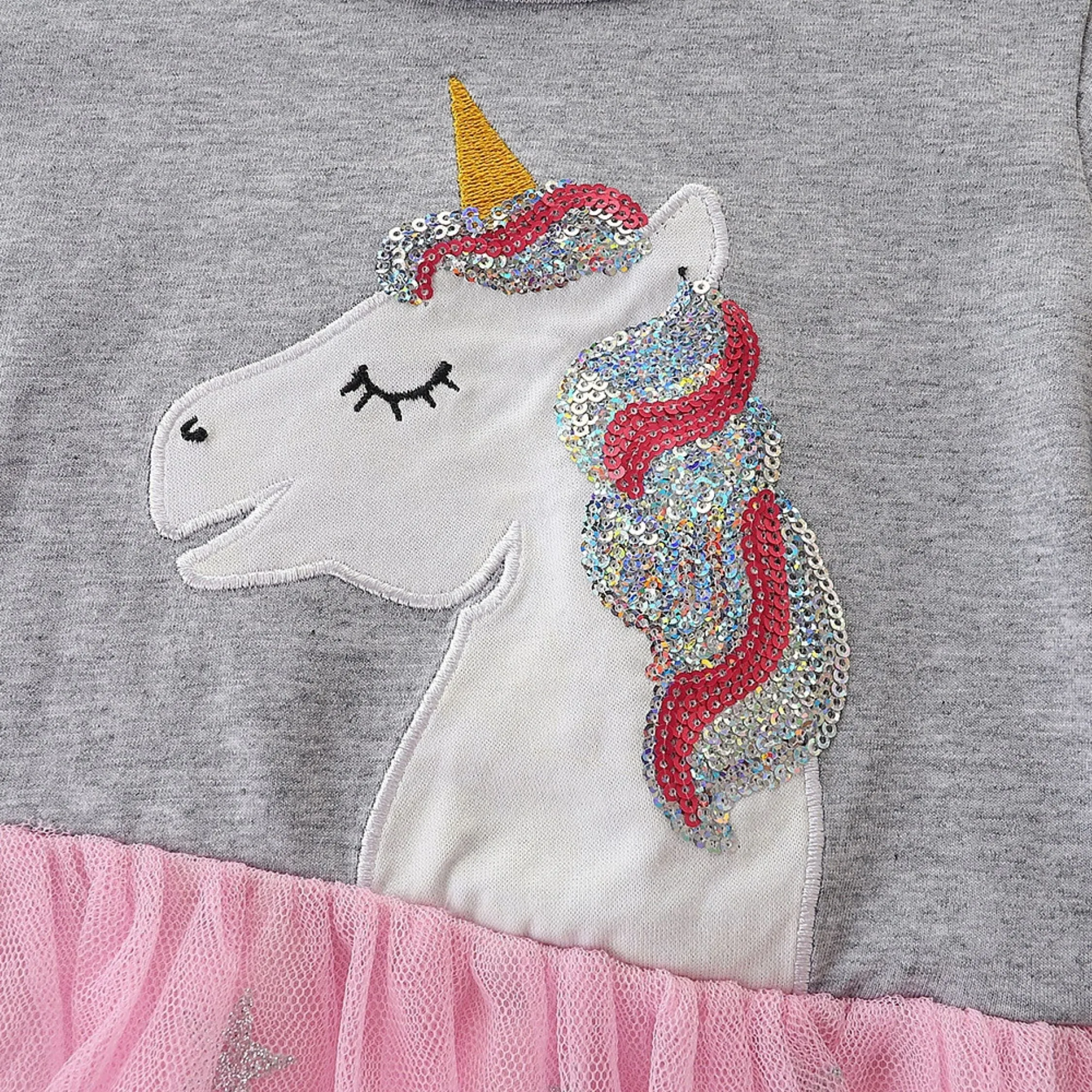 Full Sleeve Unicorn Pattern Girls Dress, Grey