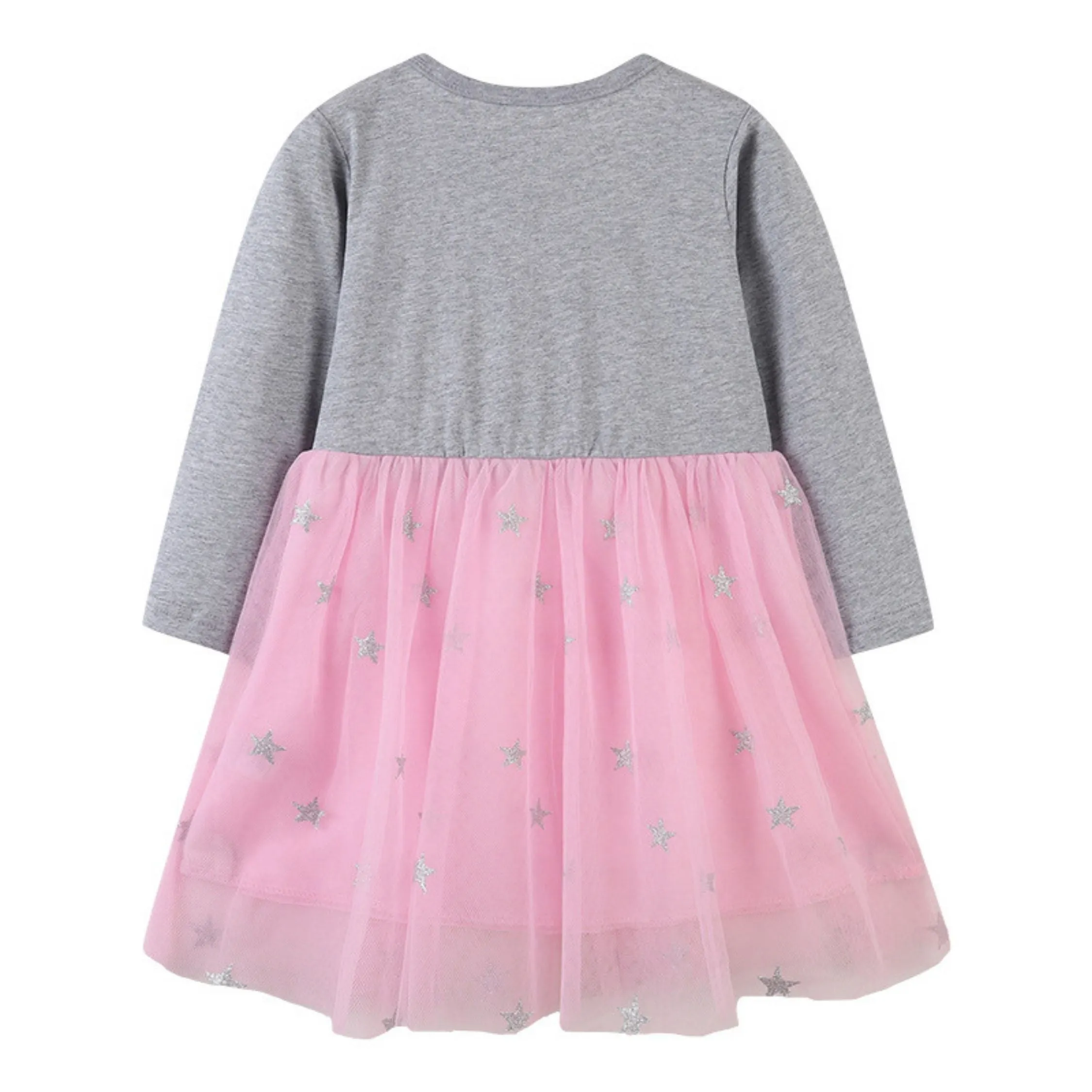 Full Sleeve Unicorn Pattern Girls Dress, Grey