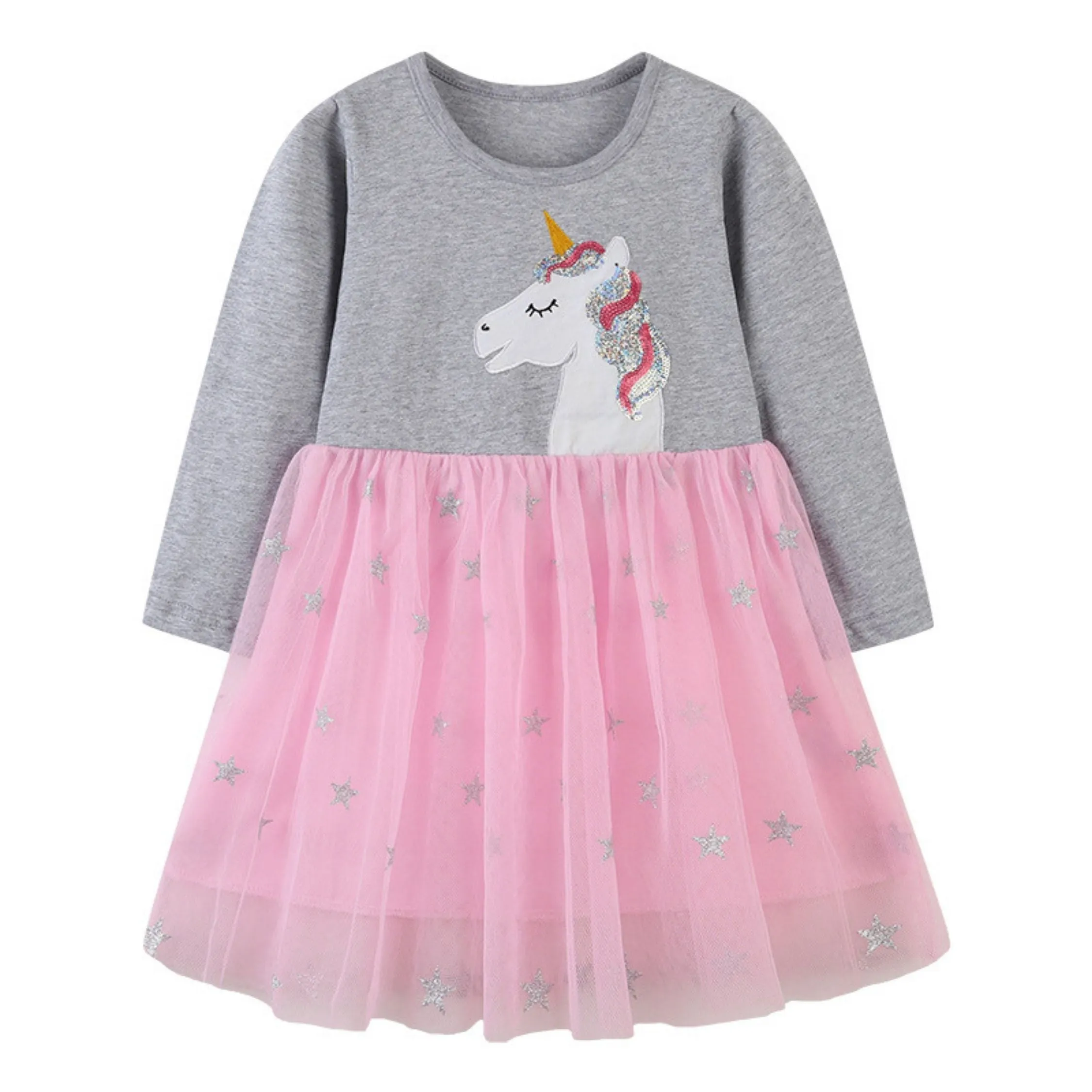 Full Sleeve Unicorn Pattern Girls Dress, Grey