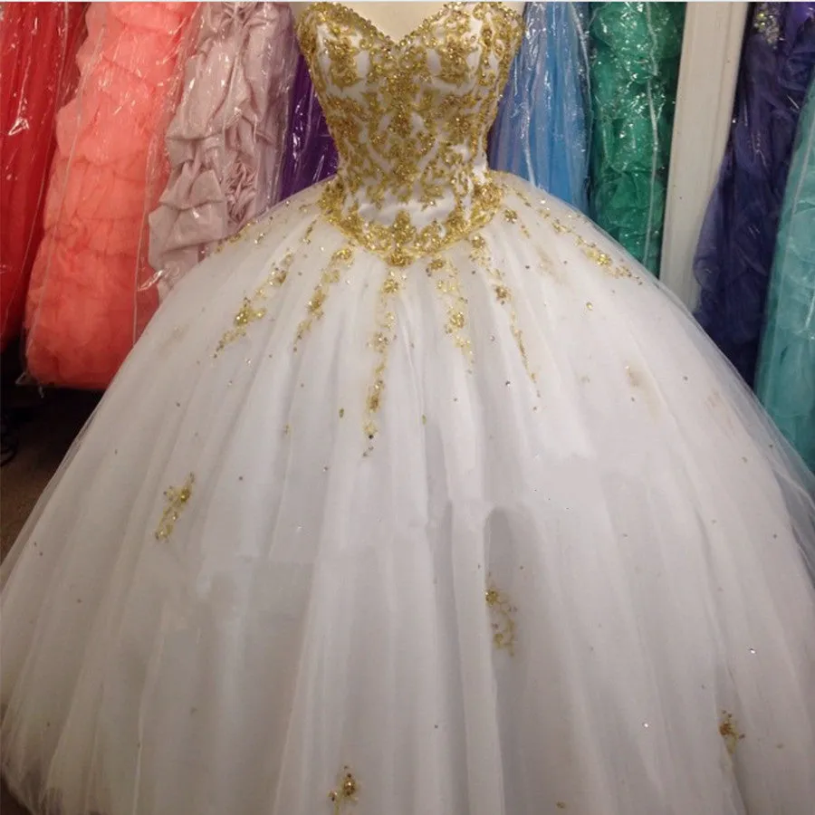 Gold Lace Embroidery Tulle Sweetheart Ball Gowns Quinceanera Dresses