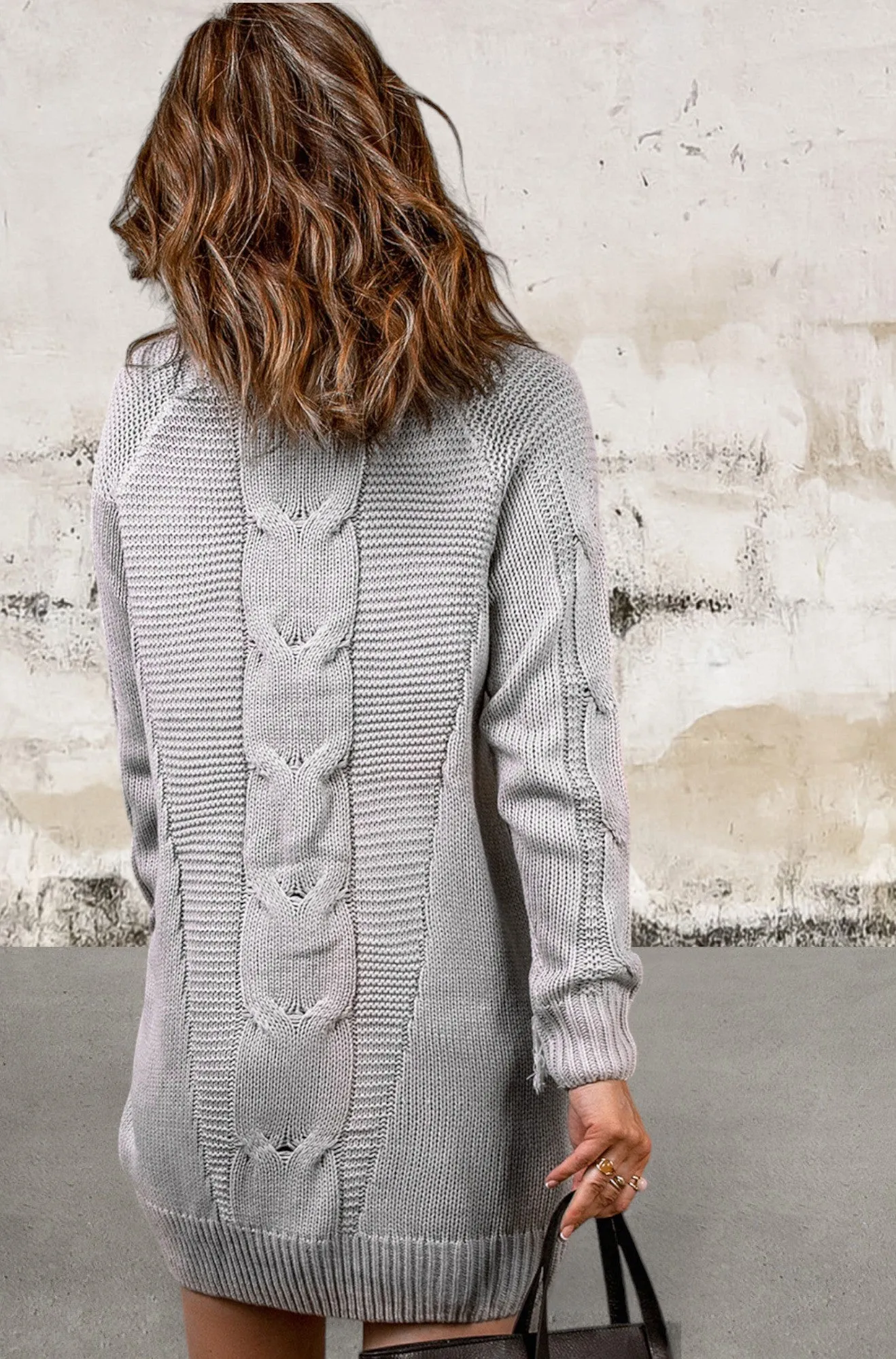 Gray High Neck Long Sleeve Sweater Dress