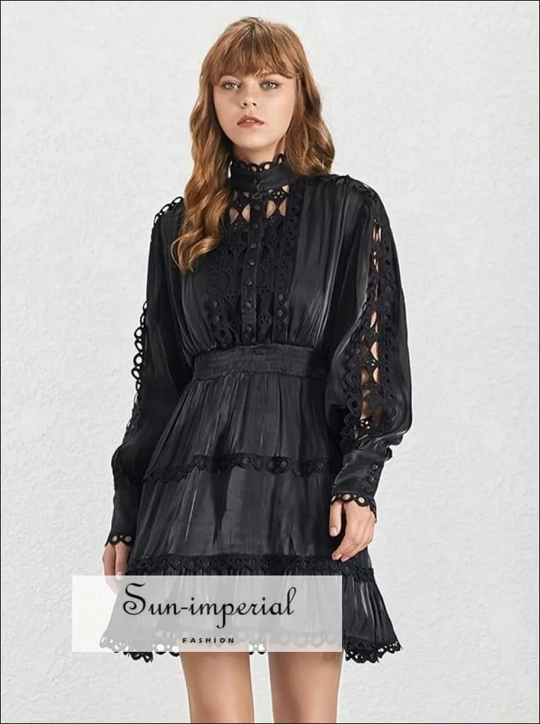 Hanna Dress -vintage Black Elegant Dress Lantern Long Sleeve Lace Women's Mini Dress