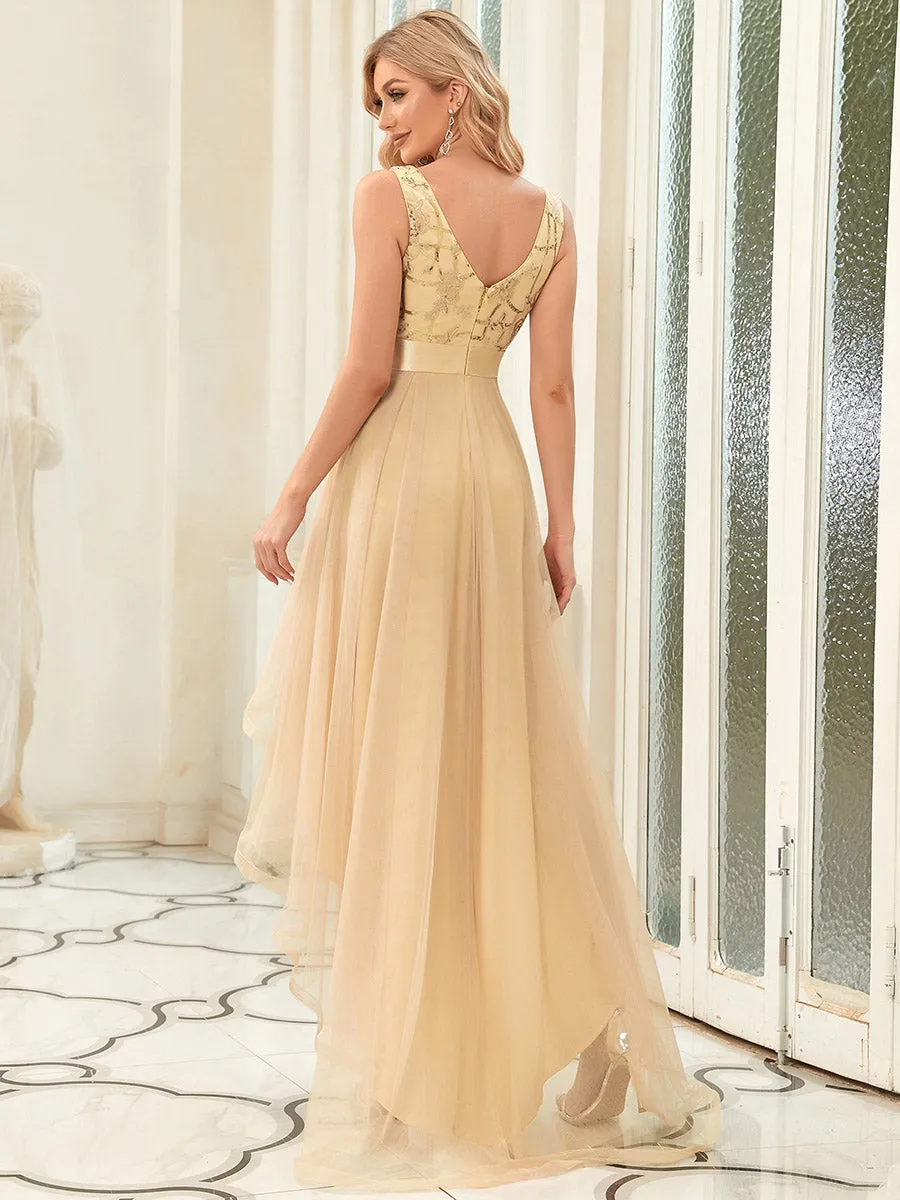 High-Low V Neck Tulle Wholesale Prom Dresses with Sequin Appliques