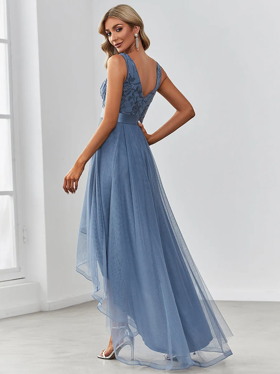 High-Low V Neck Tulle Wholesale Prom Dresses with Sequin Appliques